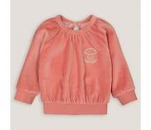 roze sweater met ronde hals in fluweel, geborduurd paddenstoelmotief maat 2 jaar - 86 cm